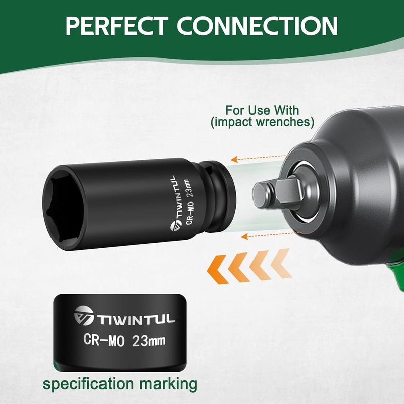 TIWINTUL 23mm Impact Socket 1/2 Inch Drive, Deep CR-MO Steel Impact Socket, 3.07" Length, 6 Point Design, Metric Size Socket for Automotive and Mechanical Equipment Maintenance - Image 4